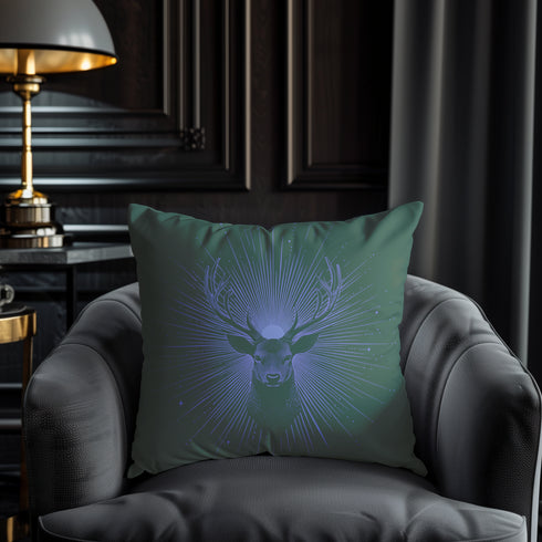 A pillow cover featuring a serene stag's face detailed in soft lavender, surrounded by radiating light beams on forest green fabric. Tiny stars twinkle throughout the design.